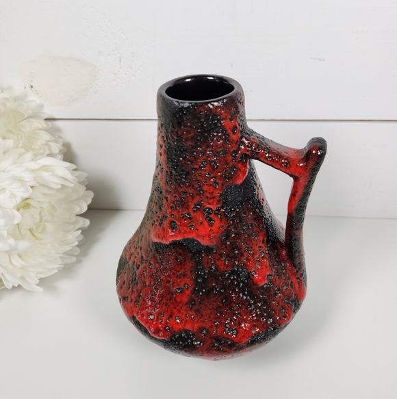 70s West Germany Fat Lava Vase 44-25 | Black & Red Handled Vase | Mid Century - Picture 3 of 12